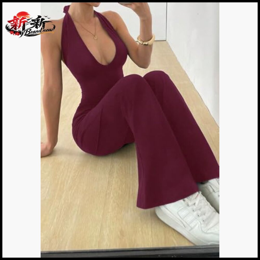 Polyester Elastane Halterneck Backless Flared Jum… - image 5